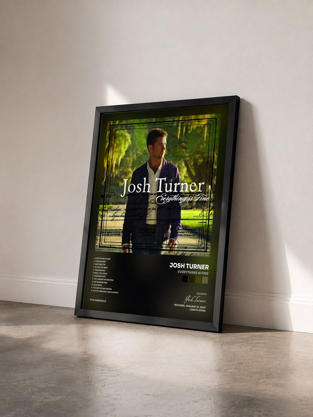 #noir Tableau de l'album Everything Is Fine de Josh Turner vu de trois quarts, cadre noir