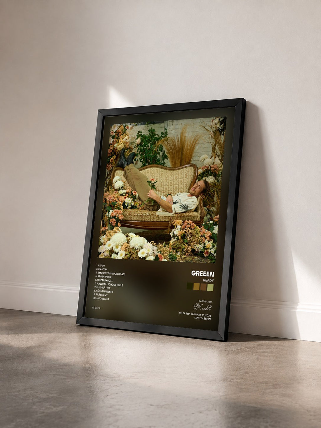 #noir Tableau de l'album Ready de GReeeN vu de trois quarts, cadre noir