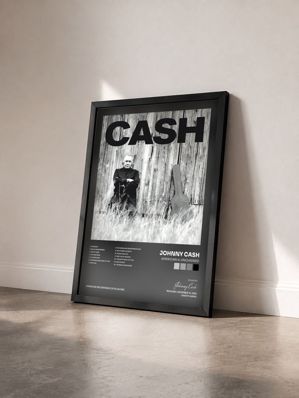 #noir Tableau de l'album American II: Unchained de Johnny Cash vu de trois quarts, cadre noir