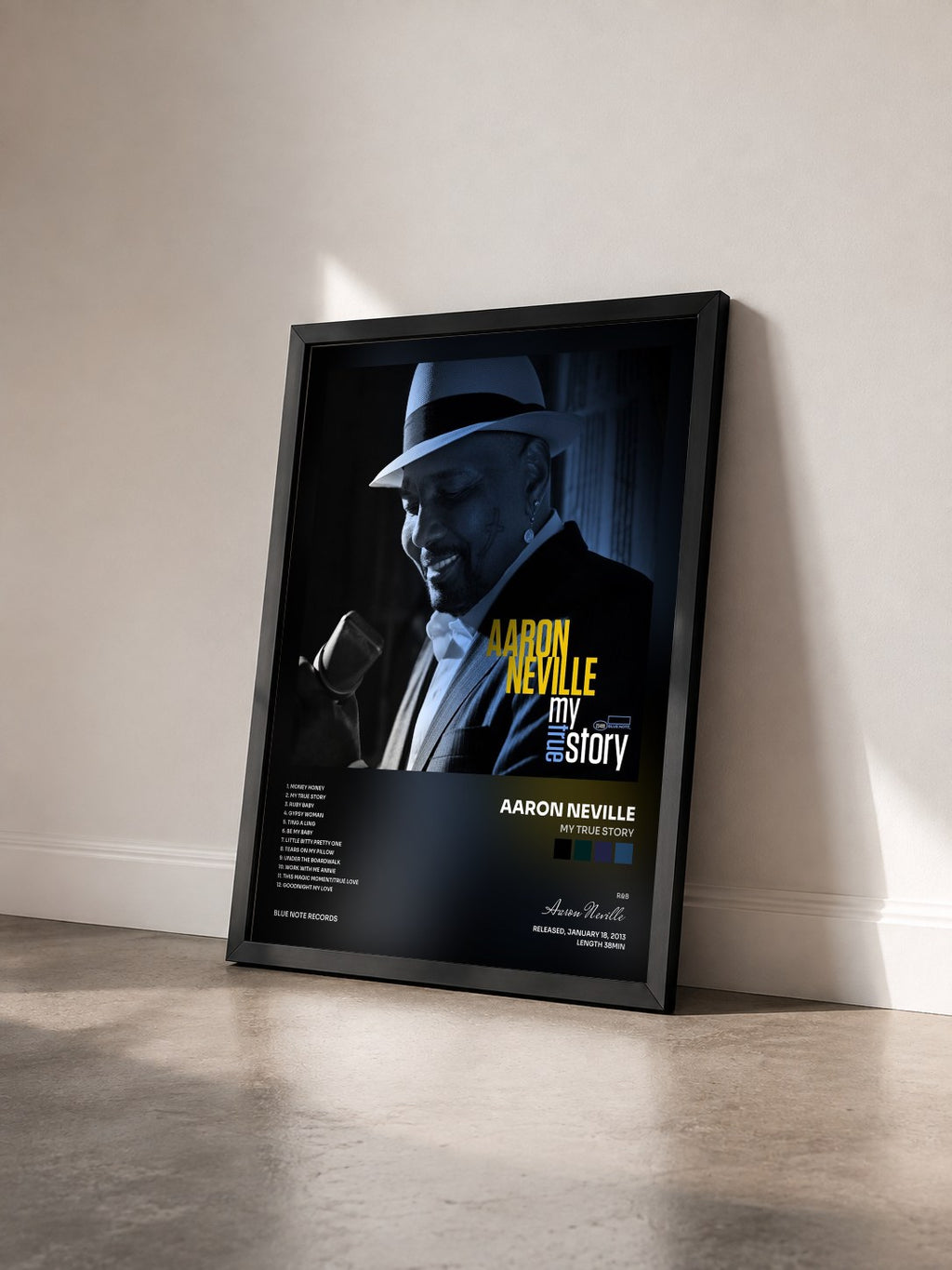 #noir Tableau de l'album My True Story de Aaron Neville vu de trois quarts, cadre noir