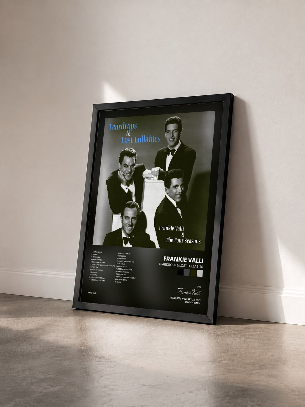 #noir Tableau de l'album Teardrops & Lost Lullabies de Frankie Valli vu de trois quarts, cadre noir