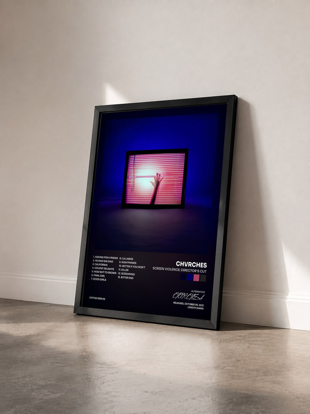#noir Tableau de l'album Screen Violence: Director's Cut de CHVRCHES vu de trois quarts, cadre noir
