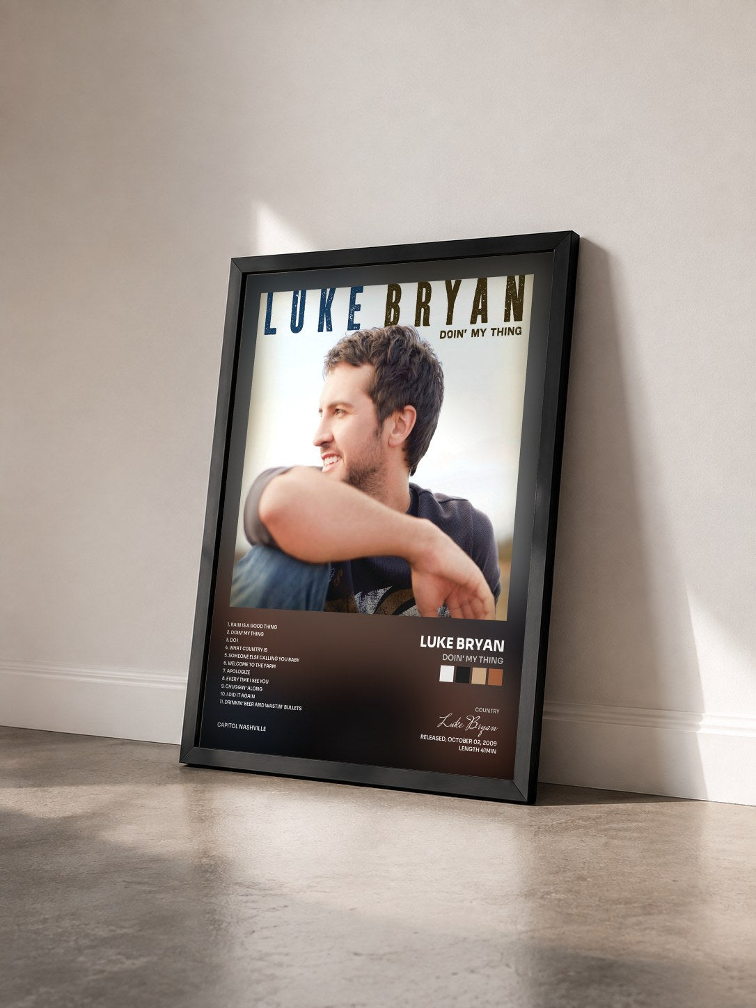 #noir Tableau de l'album Doin' My Thing de Luke Bryan vu de trois quarts, cadre noir