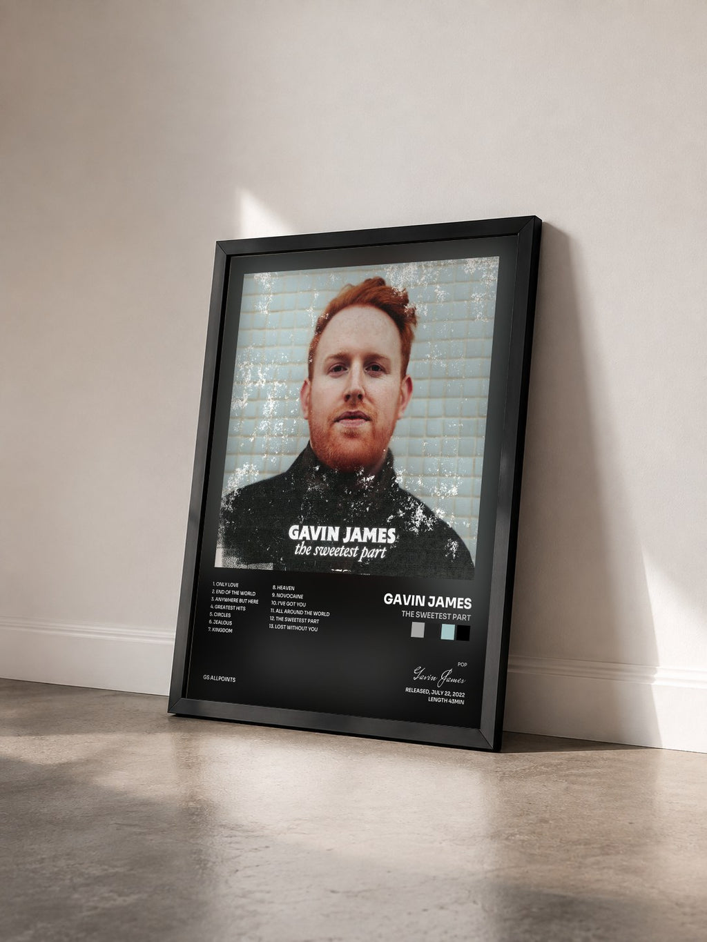 #noir Tableau de l'album The Sweetest Part de Gavin James vu de trois quarts, cadre noir