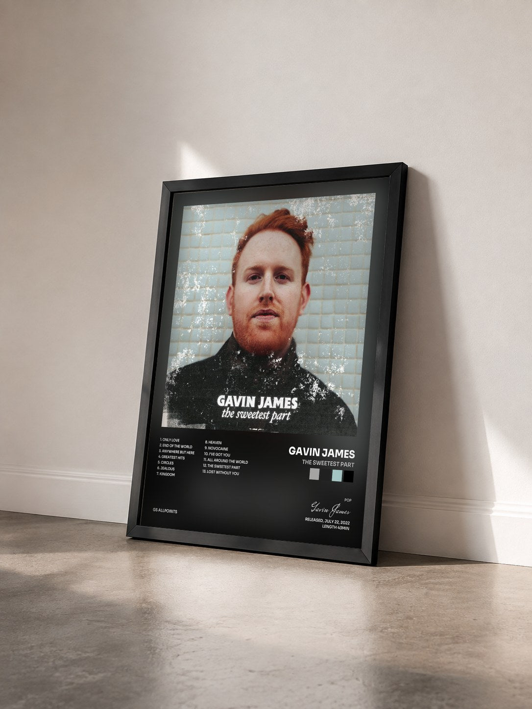 #noir Tableau de l'album The Sweetest Part de Gavin James vu de trois quarts, cadre noir