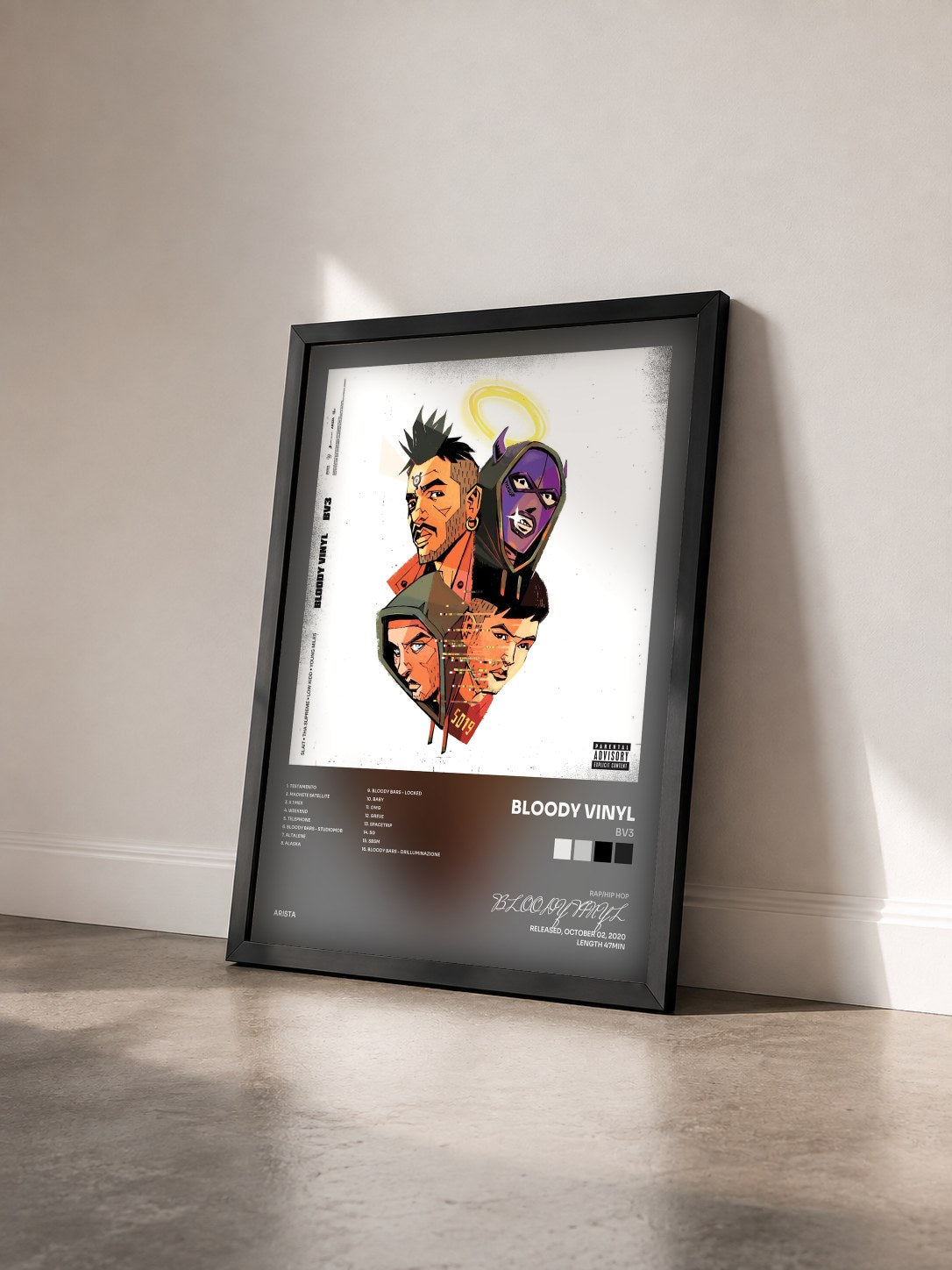 #noir Tableau de l'album BV3 de BLOODY VINYL vu de trois quarts, cadre noir