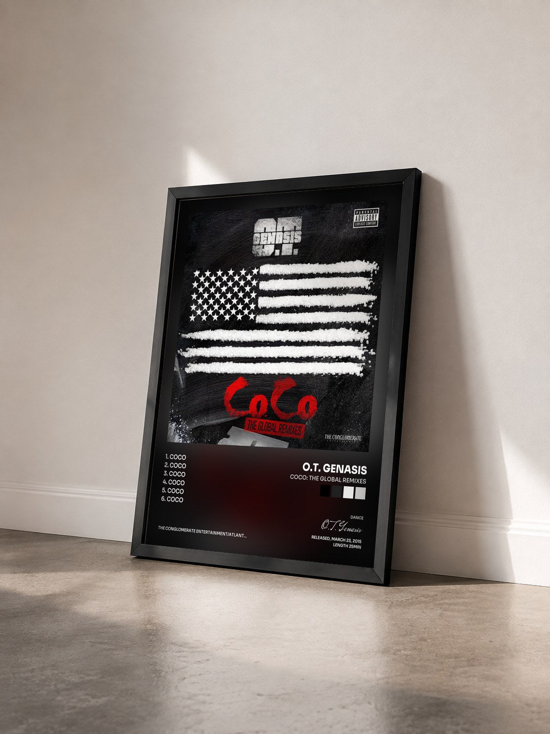 #noir Tableau de l'album CoCo: The Global Remixes de O.T. Genasis vu de trois quarts, cadre noir