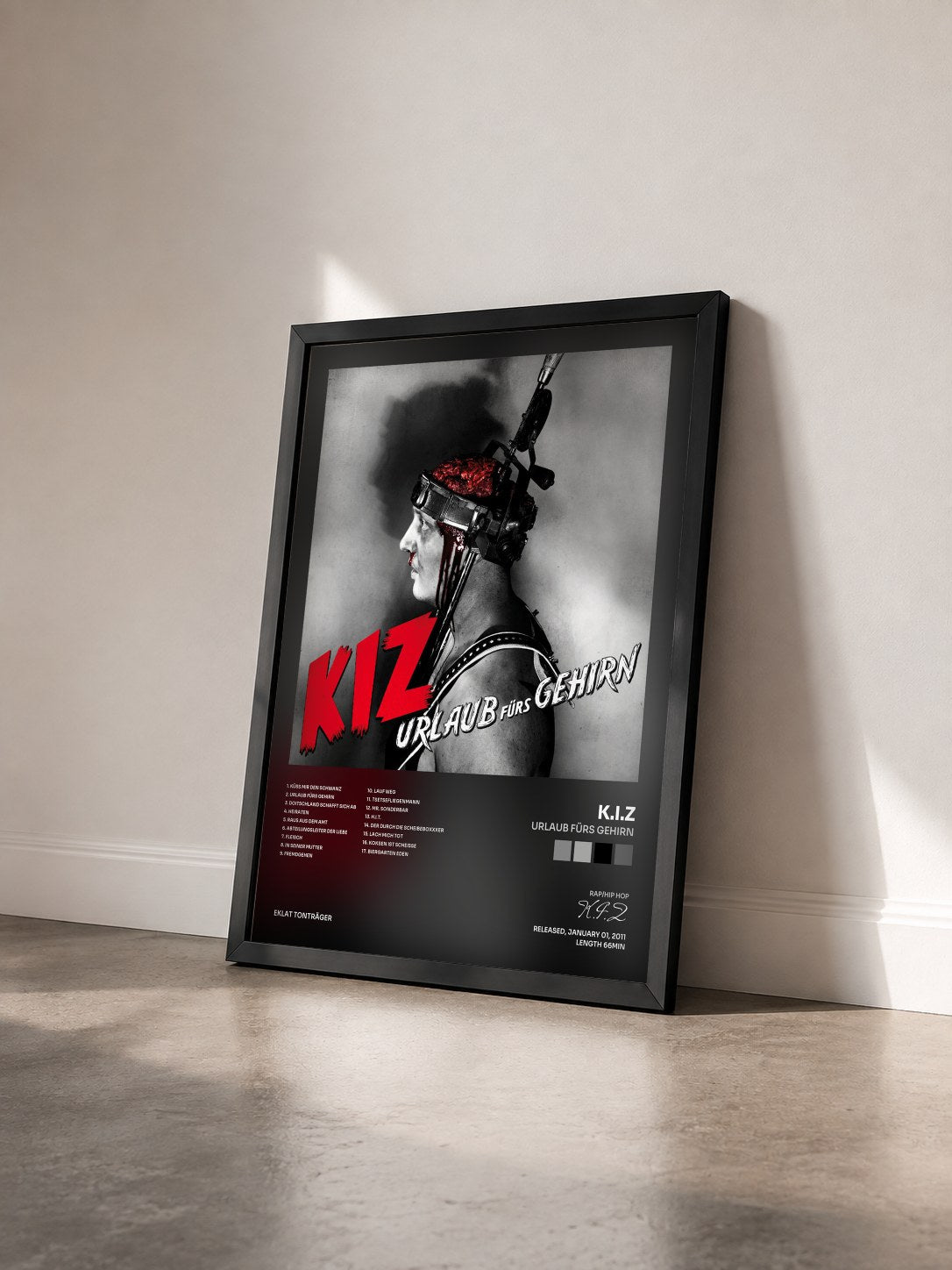 #noir Tableau de l'album Urlaub fürs Gehirn de K.I.Z vu de trois quarts, cadre noir