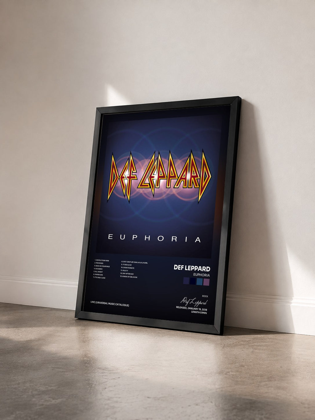 #noir Tableau de l'album Euphoria de Def Leppard vu de trois quarts, cadre noir