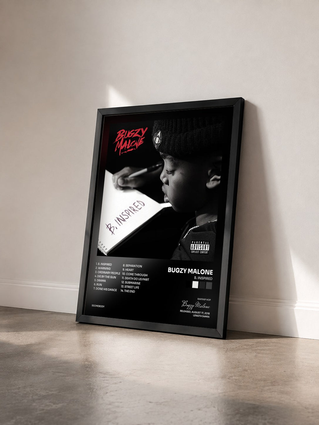 #noir Tableau de l'album B. Inspired de Bugzy Malone vu de trois quarts, cadre noir