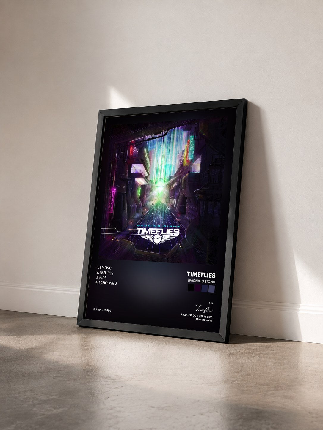 #noir Tableau de l'album Warning Signs de Timeflies vu de trois quarts, cadre noir