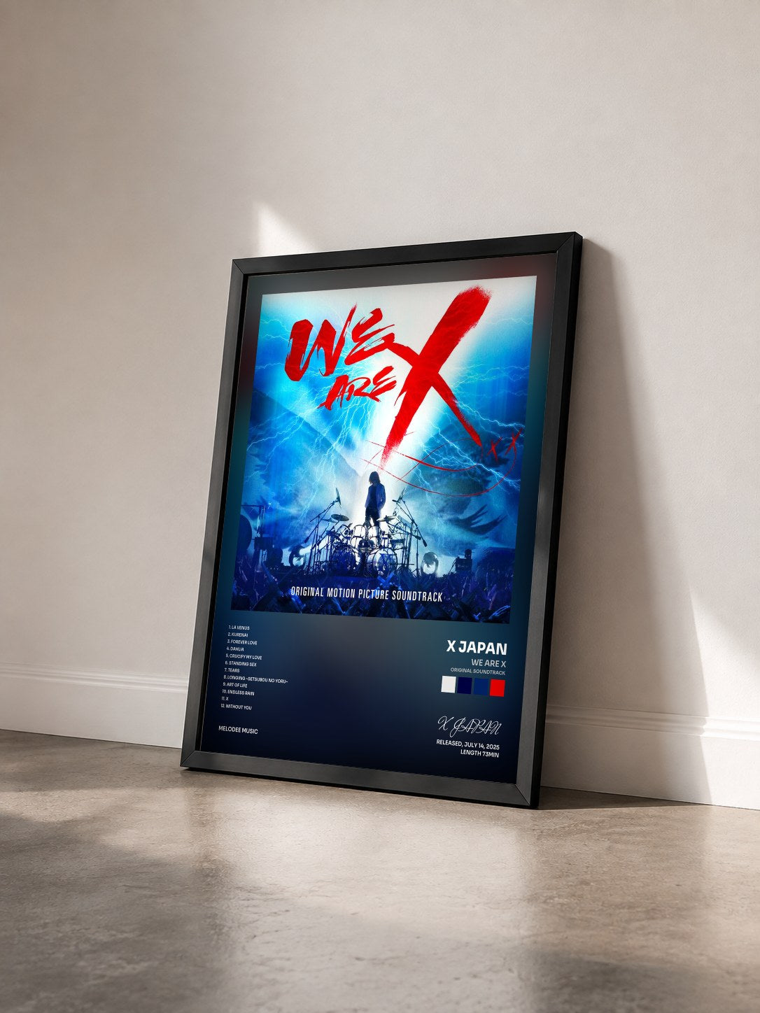 #noir Tableau de l'album We Are X (Original Soundtrack) de X JAPAN vu de trois quarts, cadre noir