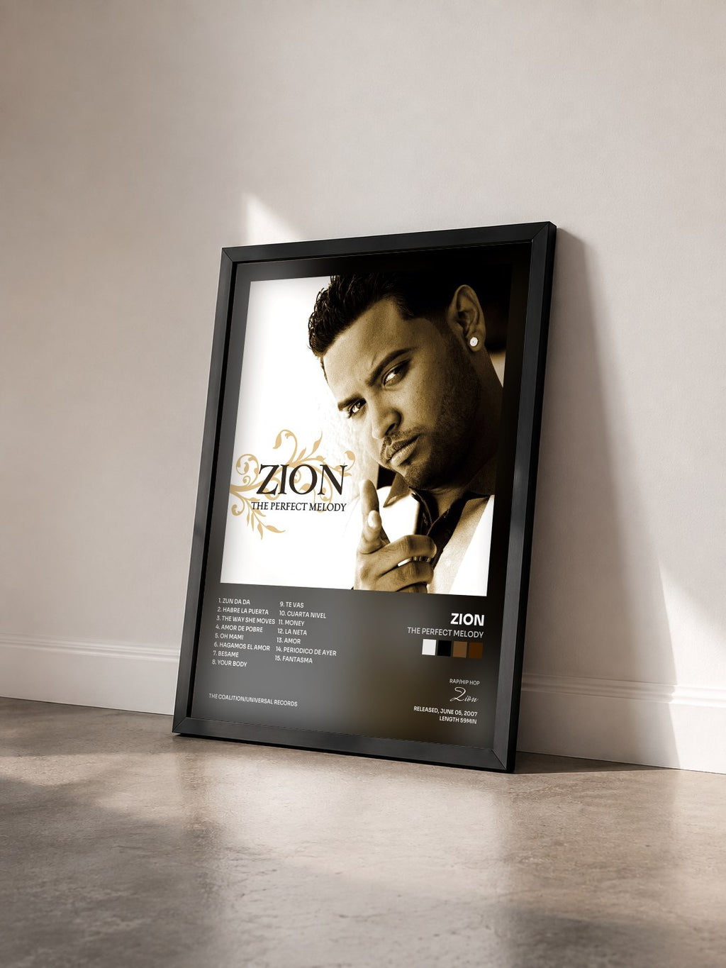 #noir Tableau de l'album The Perfect Melody de Zion vu de trois quarts, cadre noir