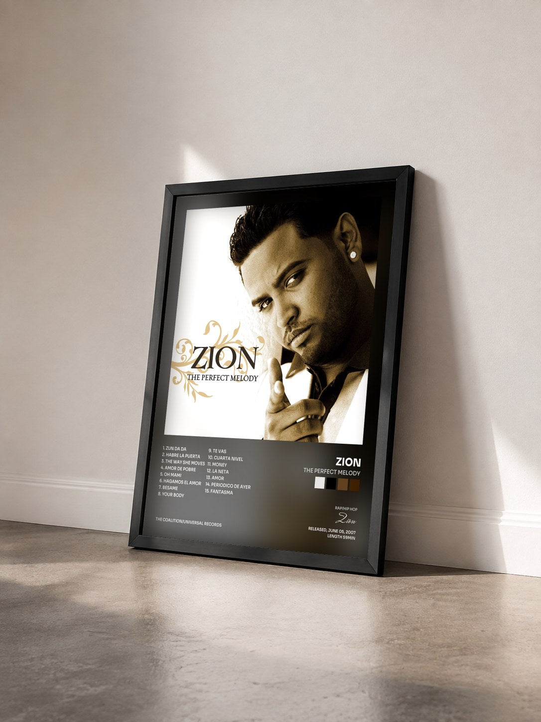 #noir Tableau de l'album The Perfect Melody de Zion vu de trois quarts, cadre noir