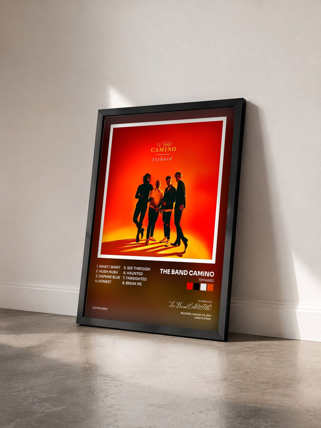 #noir Tableau de l'album tryhard de The Band CAMINO vu de trois quarts, cadre noir