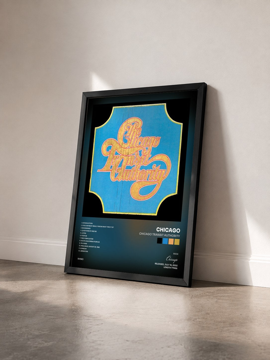 #noir Tableau de l'album Chicago Transit Authority de Chicago vu de trois quarts, cadre noir