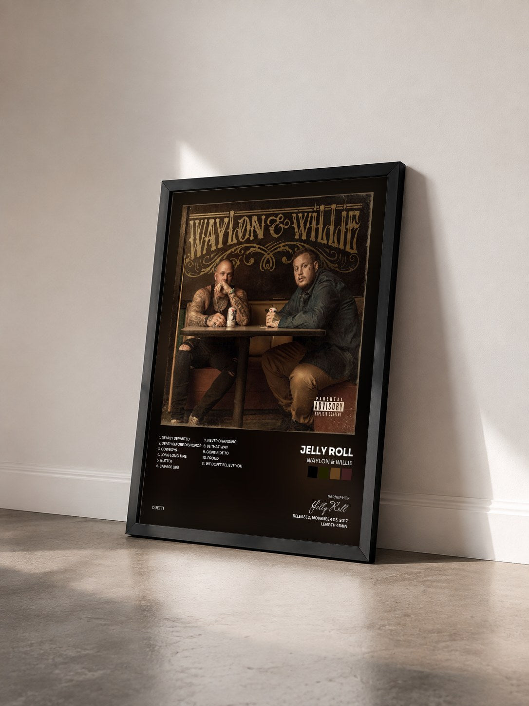 #noir Tableau de l'album Waylon & Willie de Jelly Roll vu de trois quarts, cadre noir