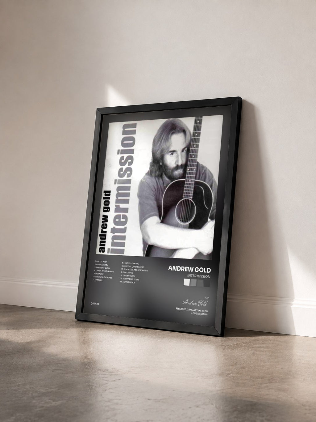 #noir Tableau de l'album Intermission de Andrew Gold vu de trois quarts, cadre noir