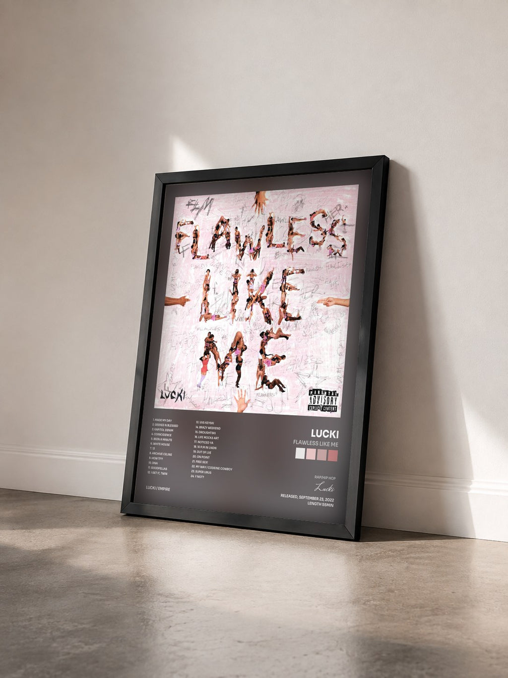 #noir Tableau de l'album FLAWLESS LIKE ME de Lucki vu de trois quarts, cadre noir