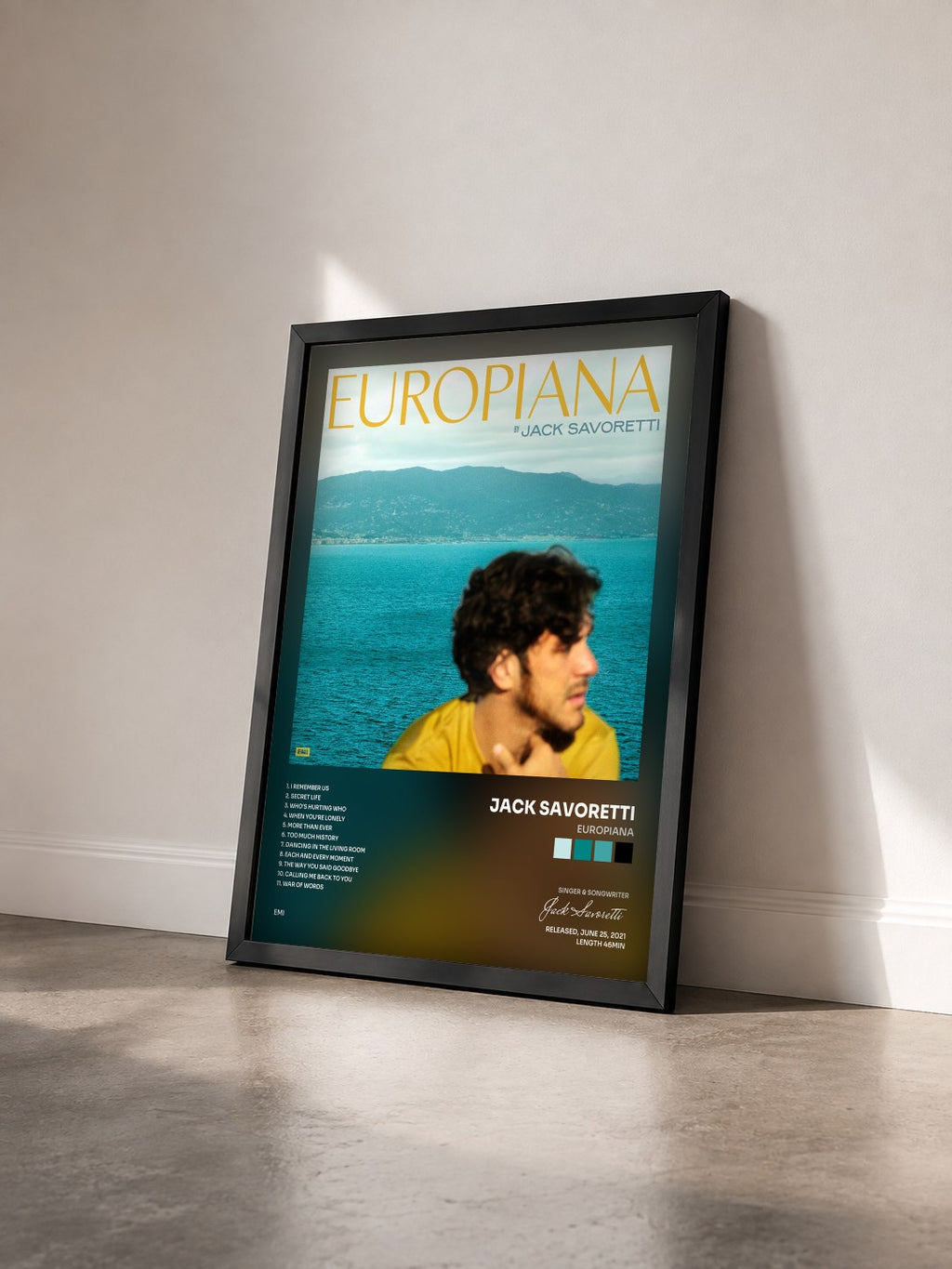 #noir Tableau de l'album Europiana de Jack Savoretti vu de trois quarts, cadre noir