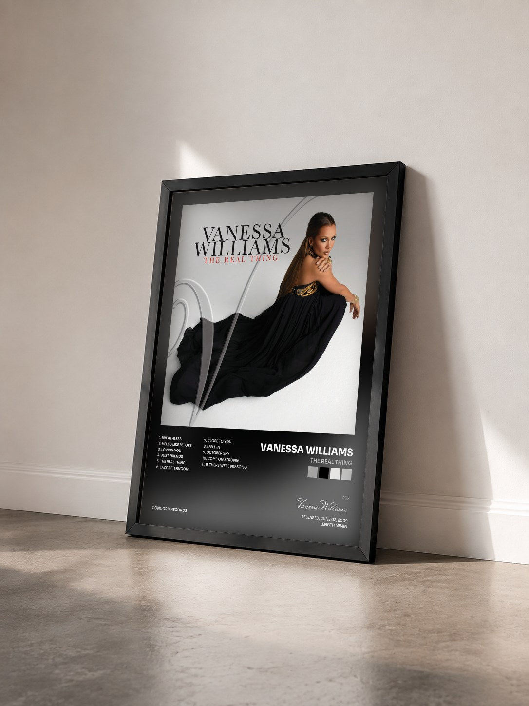 #noir Tableau de l'album The Real Thing de Vanessa Williams vu de trois quarts, cadre noir