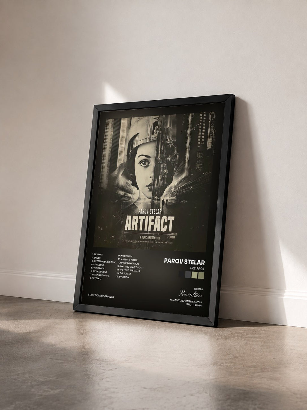 #noir Tableau de l'album Artifact de Parov Stelar vu de trois quarts, cadre noir