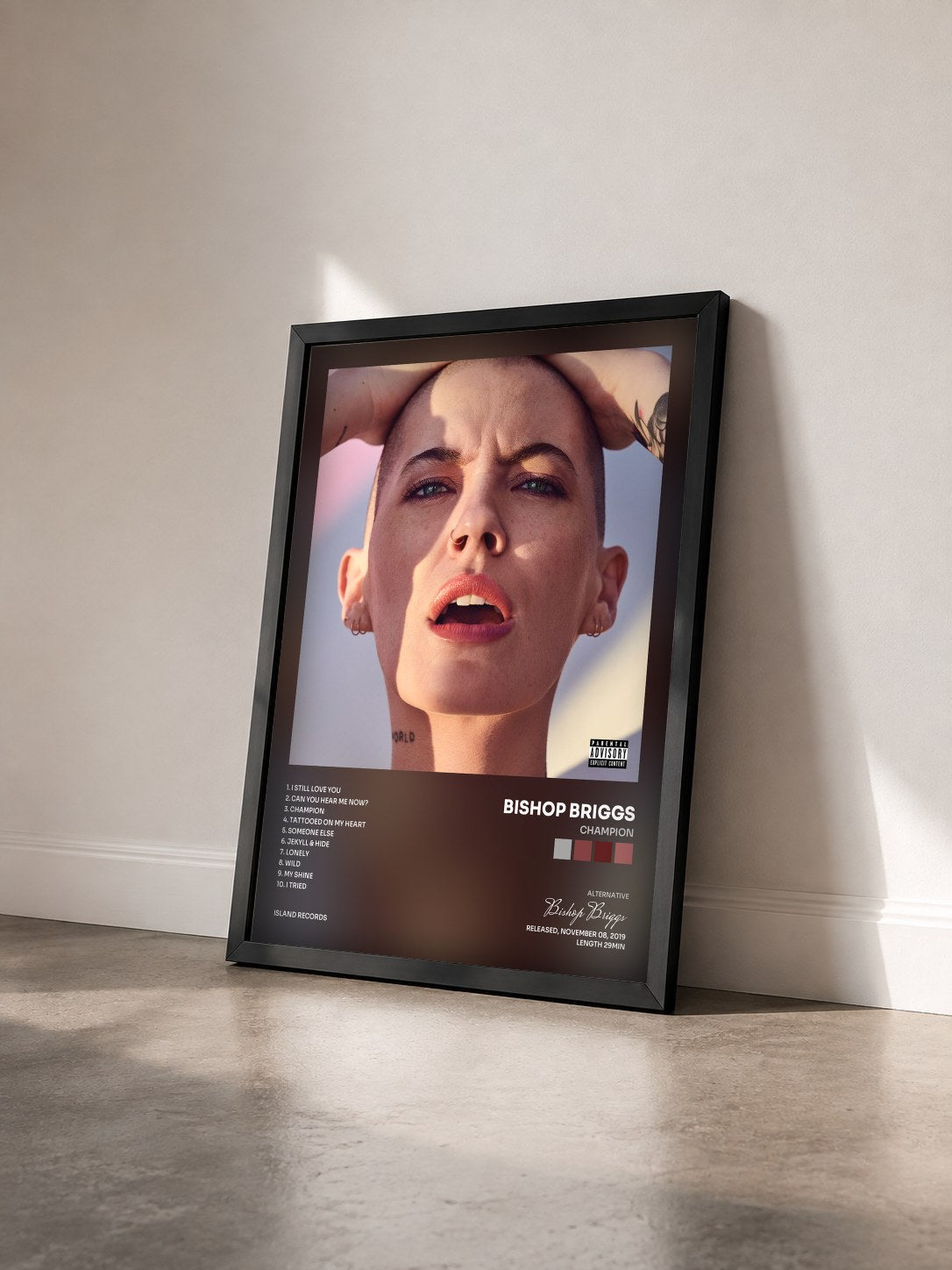 #noir Tableau de l'album CHAMPION de Bishop Briggs vu de trois quarts, cadre noir