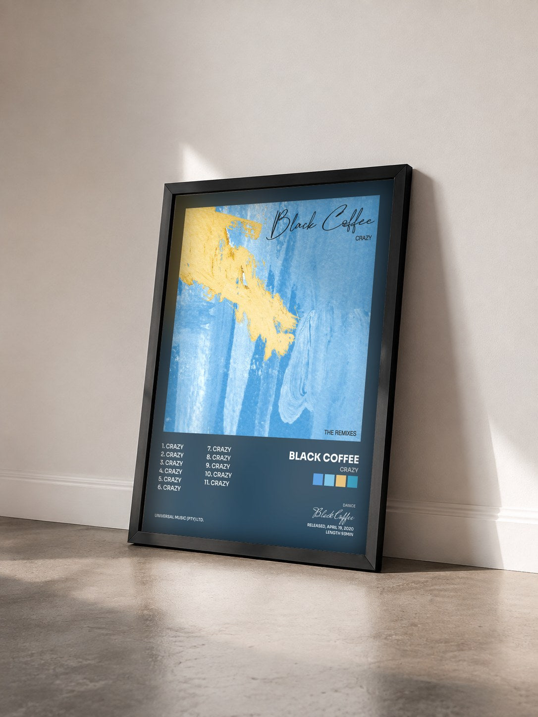 #noir Tableau de l'album Crazy de Black Coffee vu de trois quarts, cadre noir