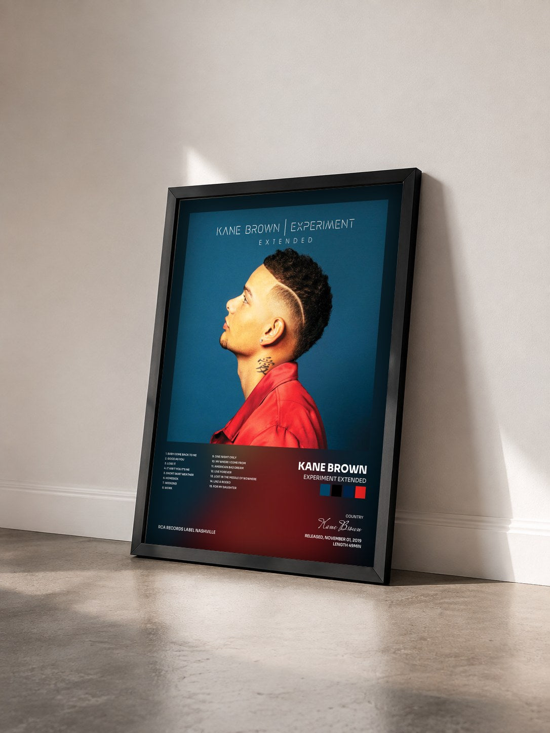 #noir Tableau de l'album Experiment Extended de Kane Brown vu de trois quarts, cadre noir