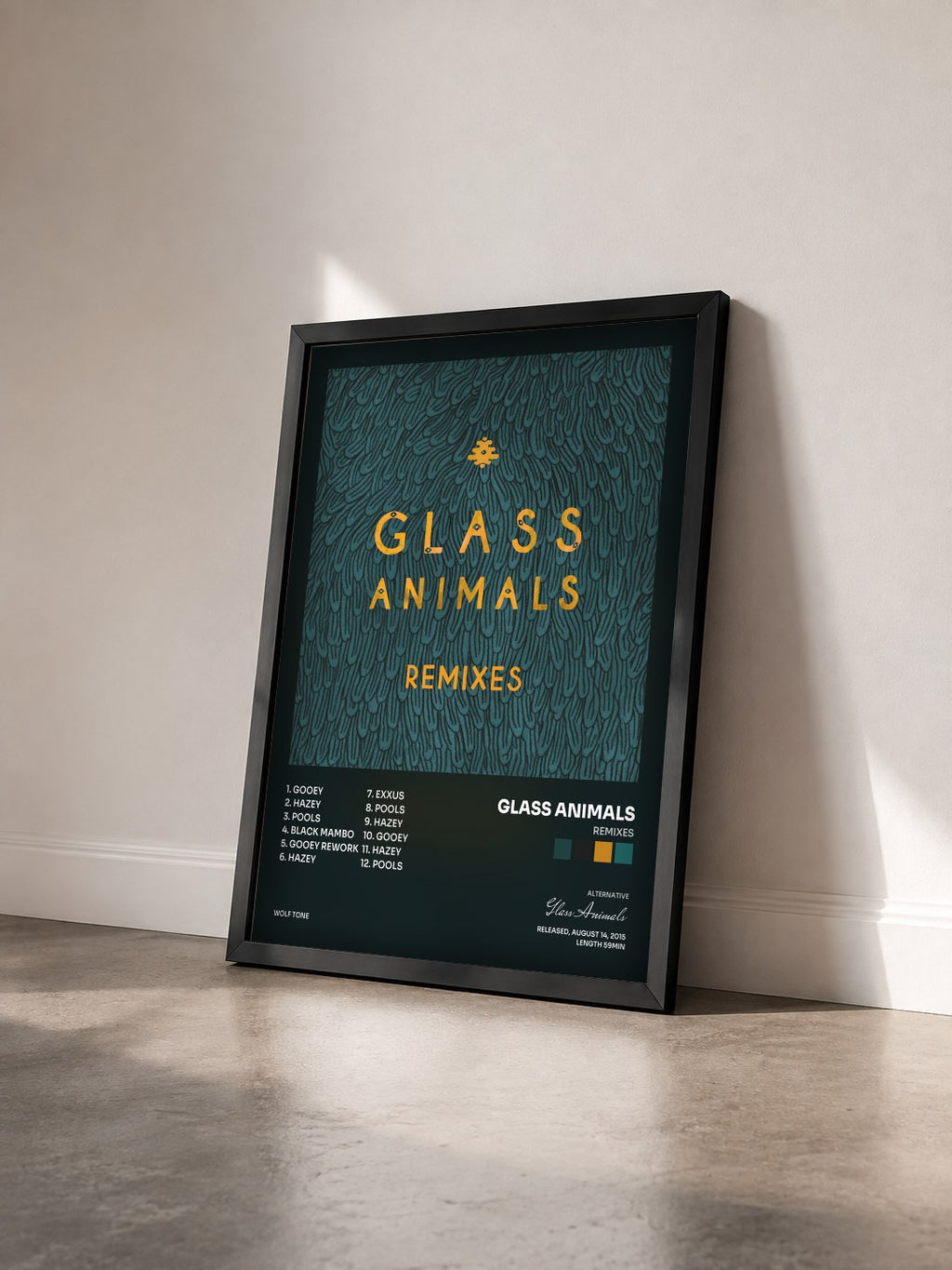 #noir Tableau de l'album Remixes de Glass Animals vu de trois quarts, cadre noir