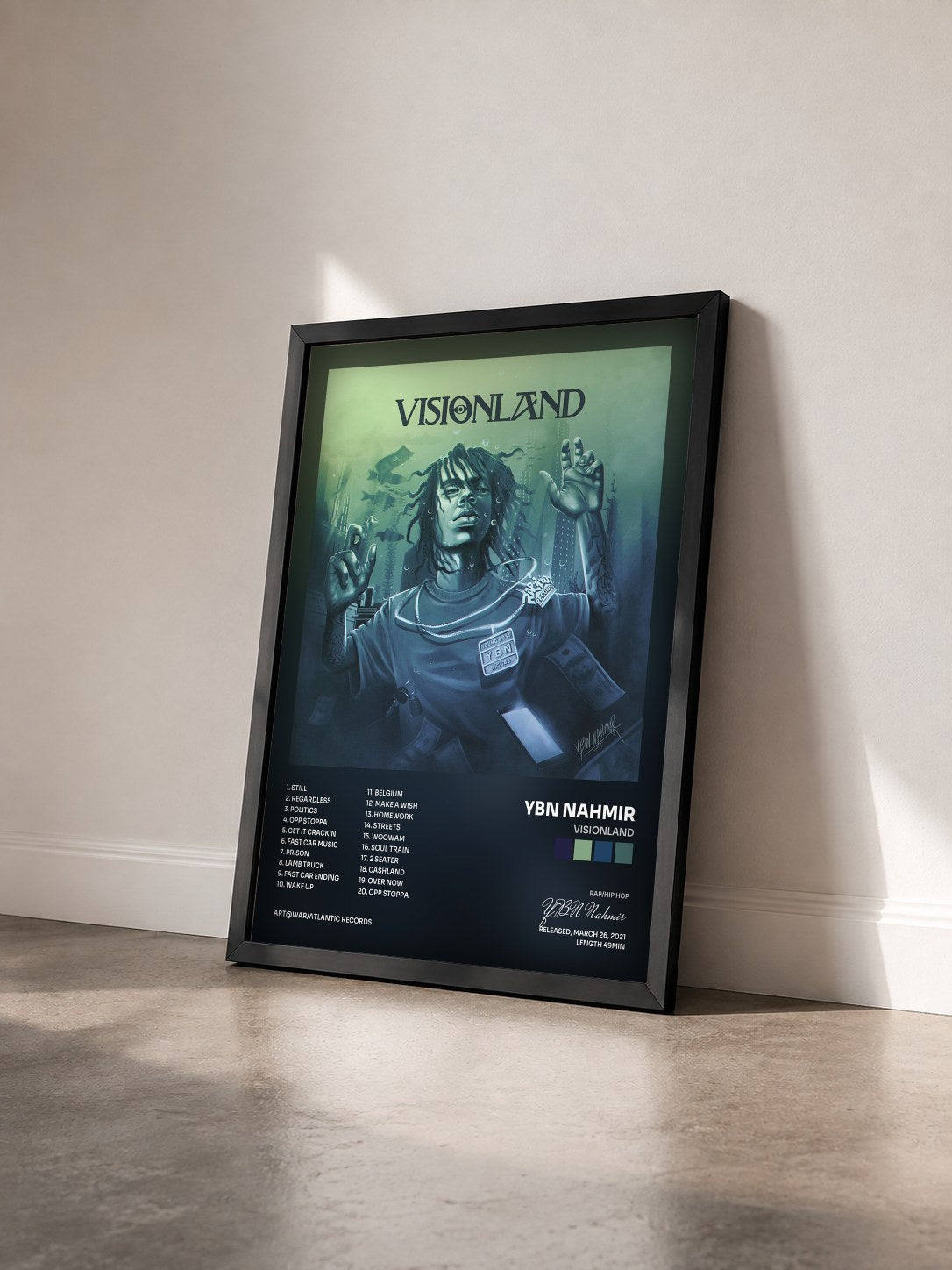 #noir Tableau de l'album VISIONLAND de YBN Nahmir vu de trois quarts, cadre noir