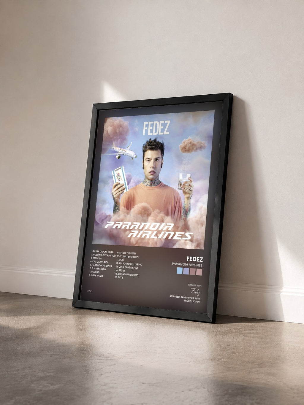 #noir Tableau de l'album Paranoia Airlines de Fedez vu de trois quarts, cadre noir