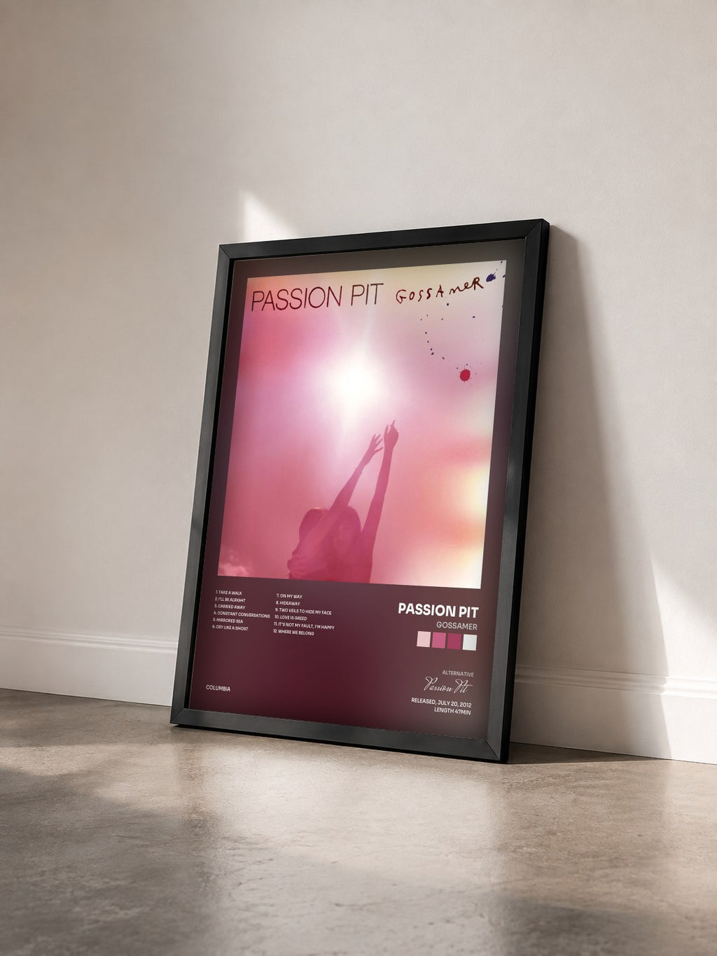 #noir Tableau de l'album Gossamer de Passion Pit vu de trois quarts, cadre noir