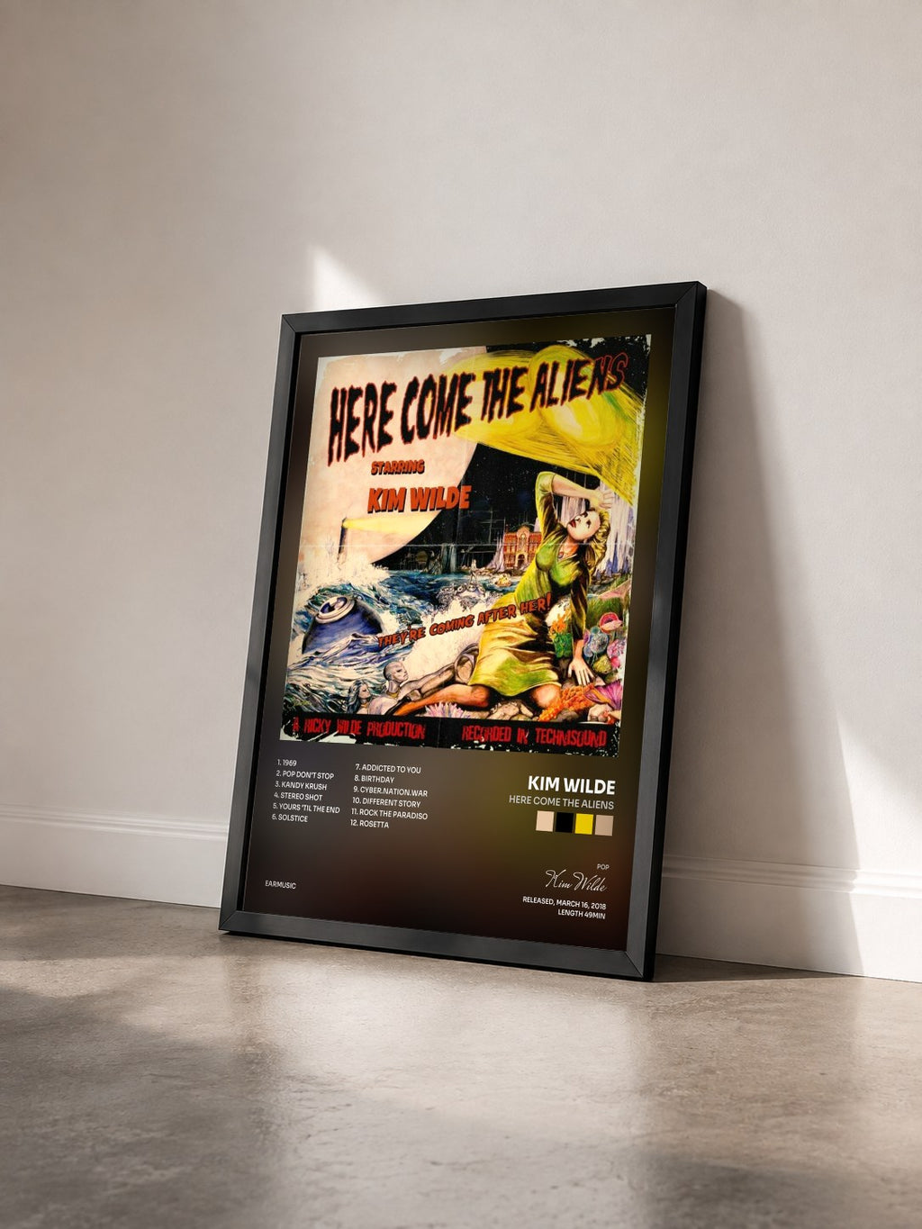 #noir Tableau de l'album Here Come the Aliens de Kim Wilde vu de trois quarts, cadre noir