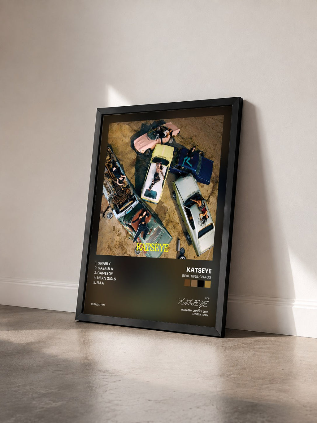 #noir Tableau de l'album BEAUTIFUL CHAOS de KATSEYE vu de trois quarts, cadre noir