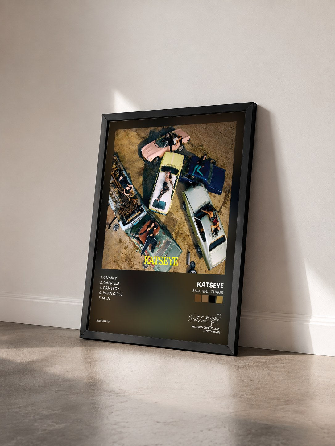 #noir Tableau de l'album BEAUTIFUL CHAOS de KATSEYE vu de trois quarts, cadre noir