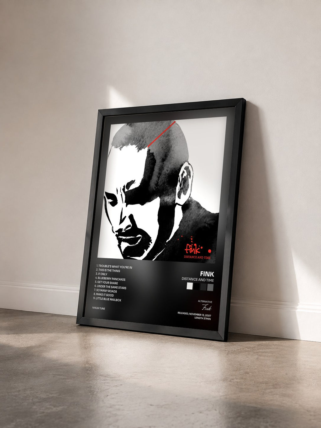 #noir Tableau de l'album Distance and Time de Fink vu de trois quarts, cadre noir
