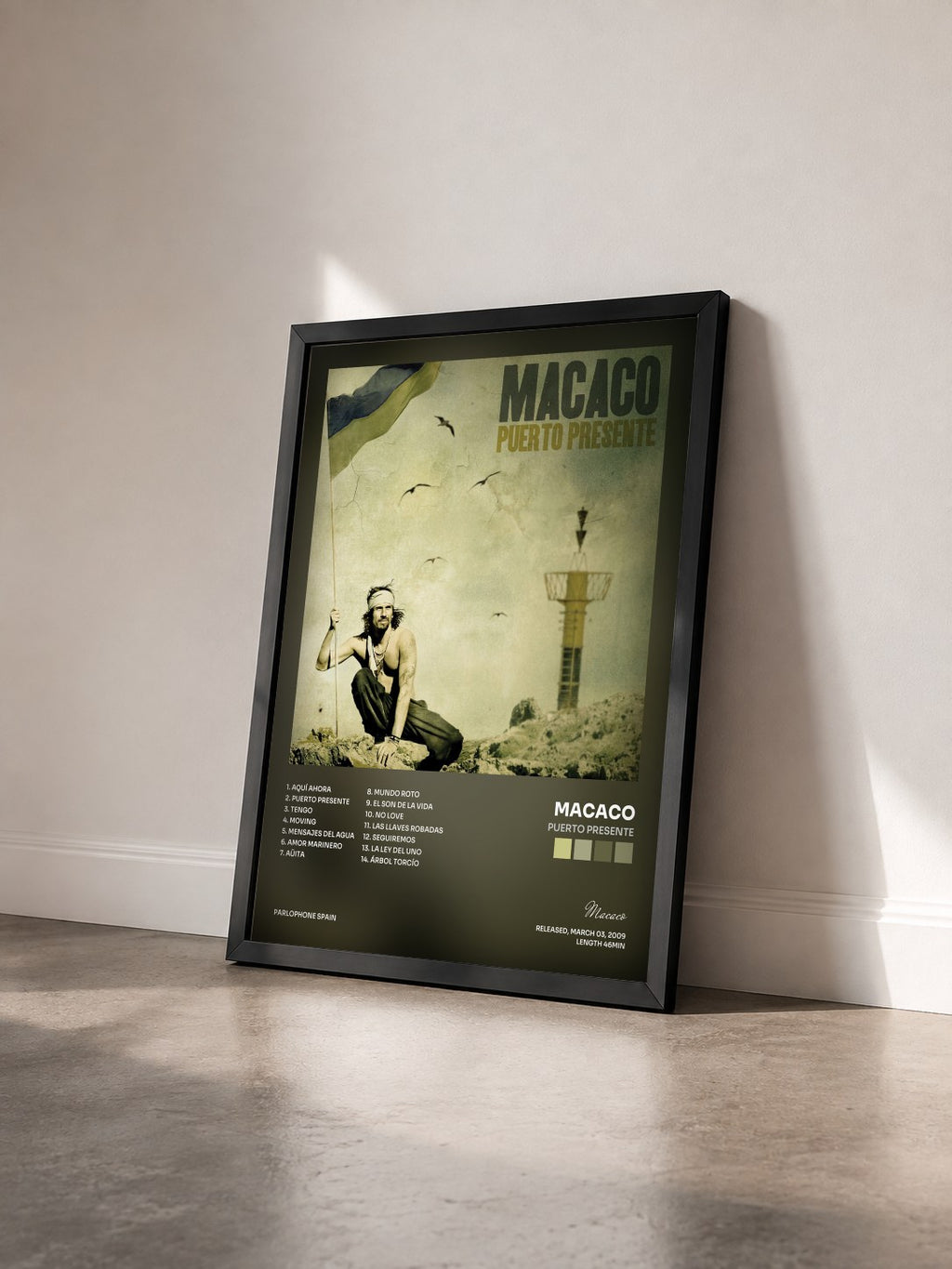 #noir Tableau de l'album Puerto Presente de Macaco vu de trois quarts, cadre noir