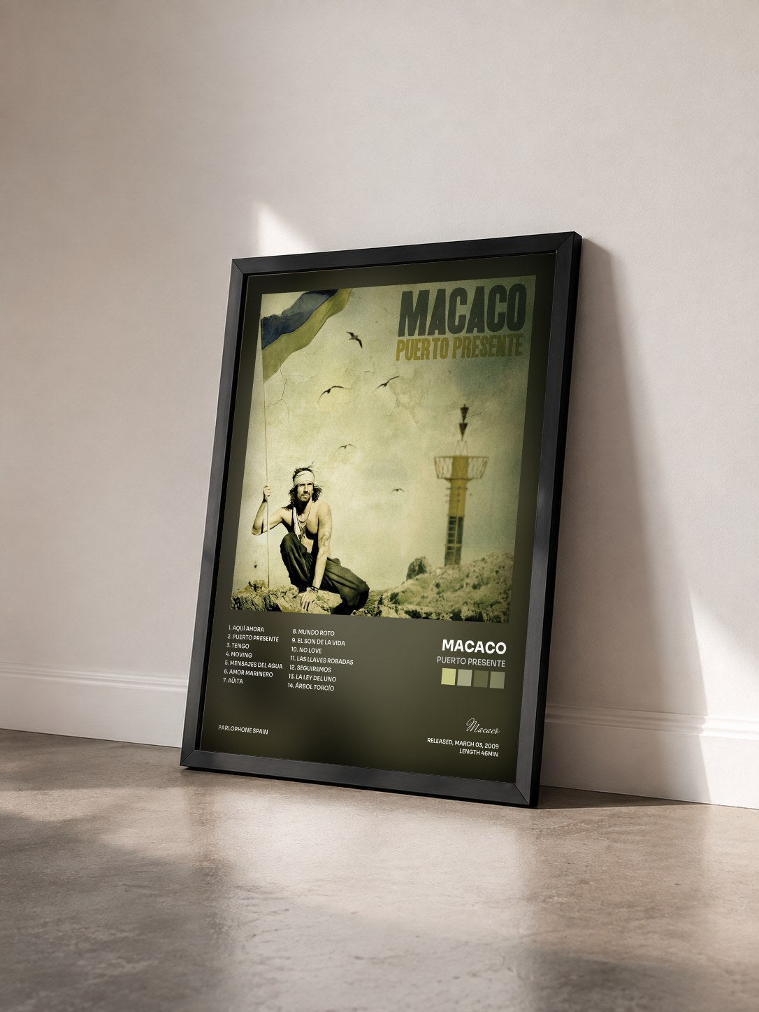 #noir Tableau de l'album Puerto Presente de Macaco vu de trois quarts, cadre noir