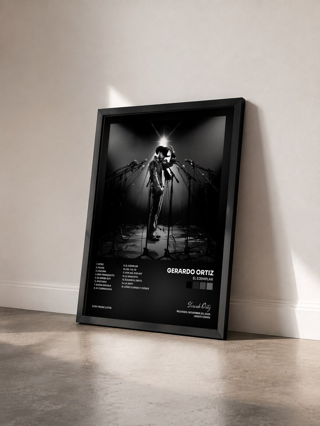 #noir Tableau de l'album El Ejemplar de Gerardo Ortiz vu de trois quarts, cadre noir