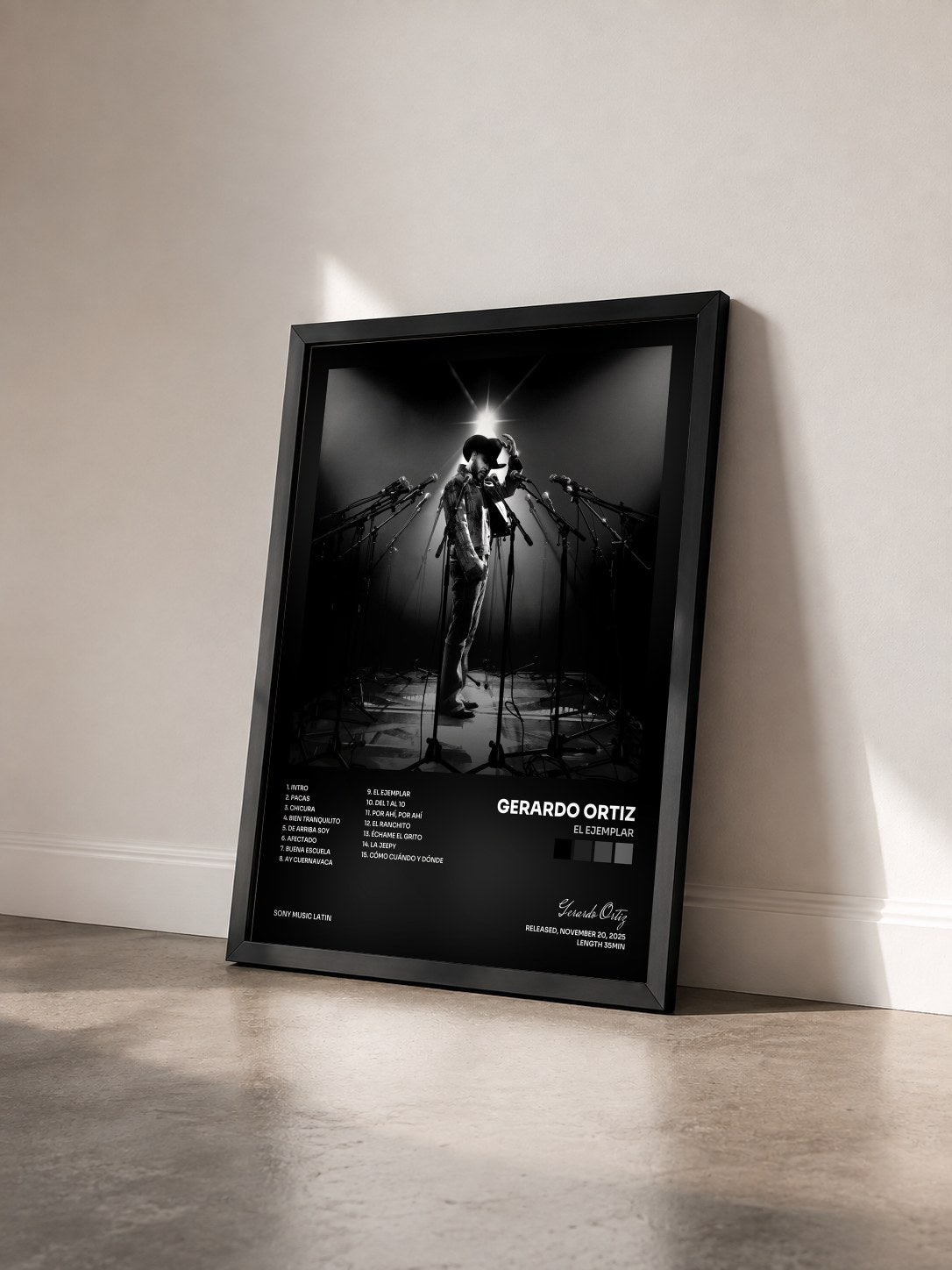 #noir Tableau de l'album El Ejemplar de Gerardo Ortiz vu de trois quarts, cadre noir