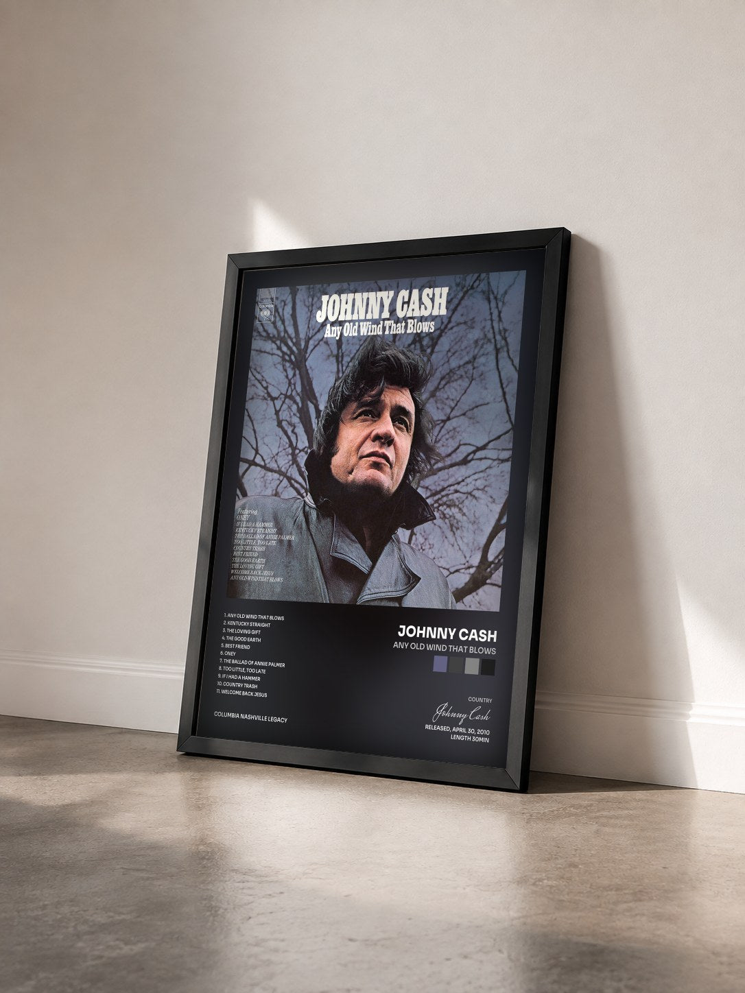 #noir Tableau de l'album Any Old Wind That Blows de Johnny Cash vu de trois quarts, cadre noir