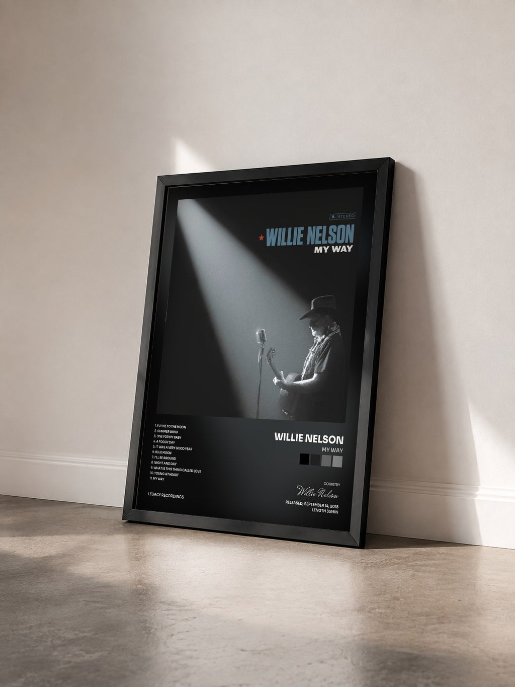 #noir Tableau de l'album My Way de Willie Nelson vu de trois quarts, cadre noir