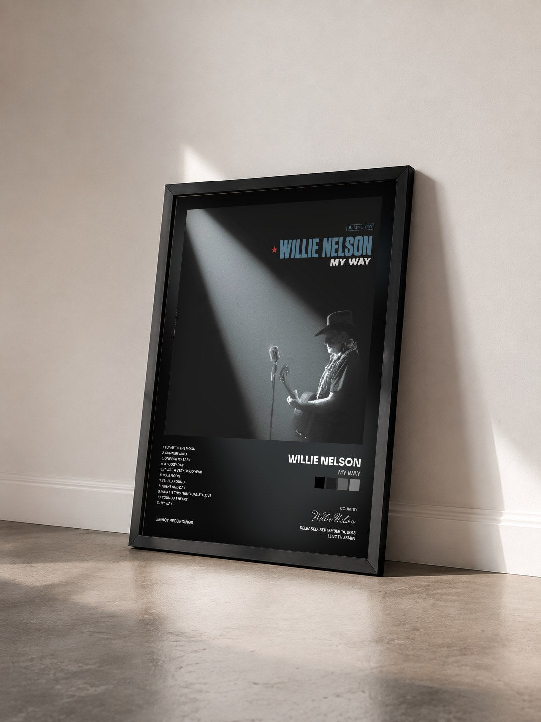 #noir Tableau de l'album My Way de Willie Nelson vu de trois quarts, cadre noir