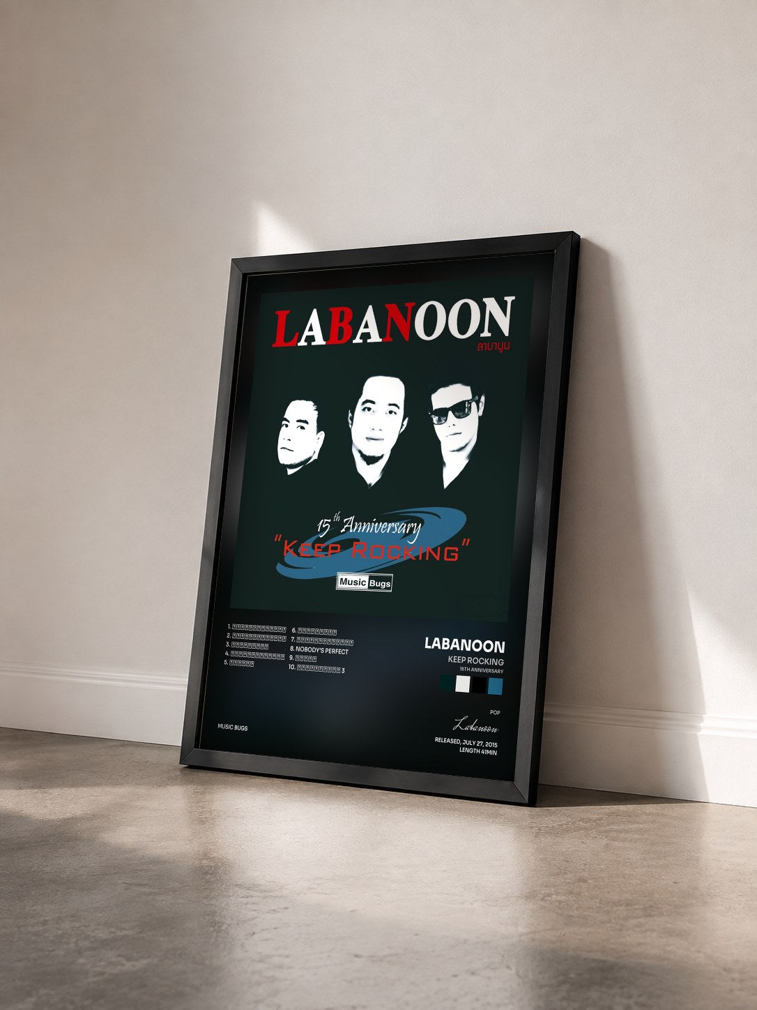 #noir Tableau de l'album Keep Rocking (15th Anniversary) de Labanoon vu de trois quarts, cadre noir