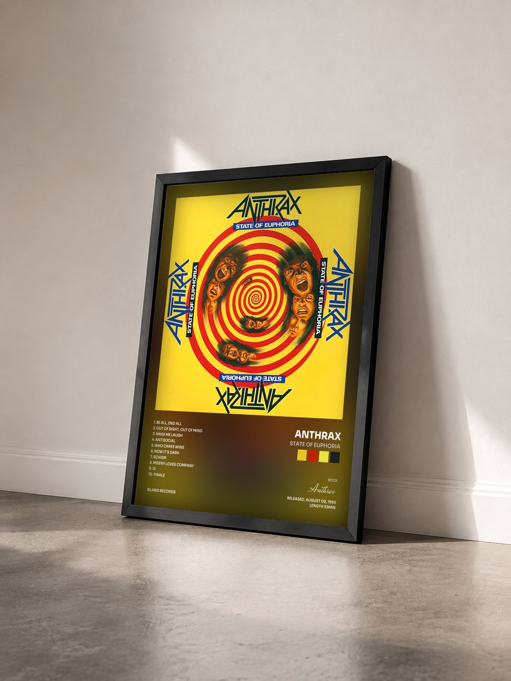 #noir Tableau de l'album State Of Euphoria de Anthrax vu de trois quarts, cadre noir