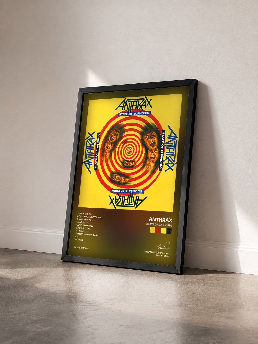 #noir Tableau de l'album State Of Euphoria de Anthrax vu de trois quarts, cadre noir