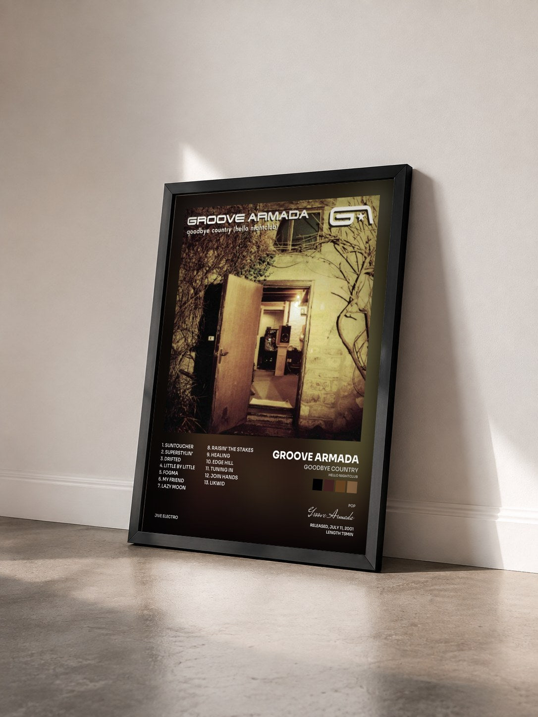 #noir Tableau de l'album Goodbye Country (Hello Nightclub) de Groove Armada vu de trois quarts, cadre noir
