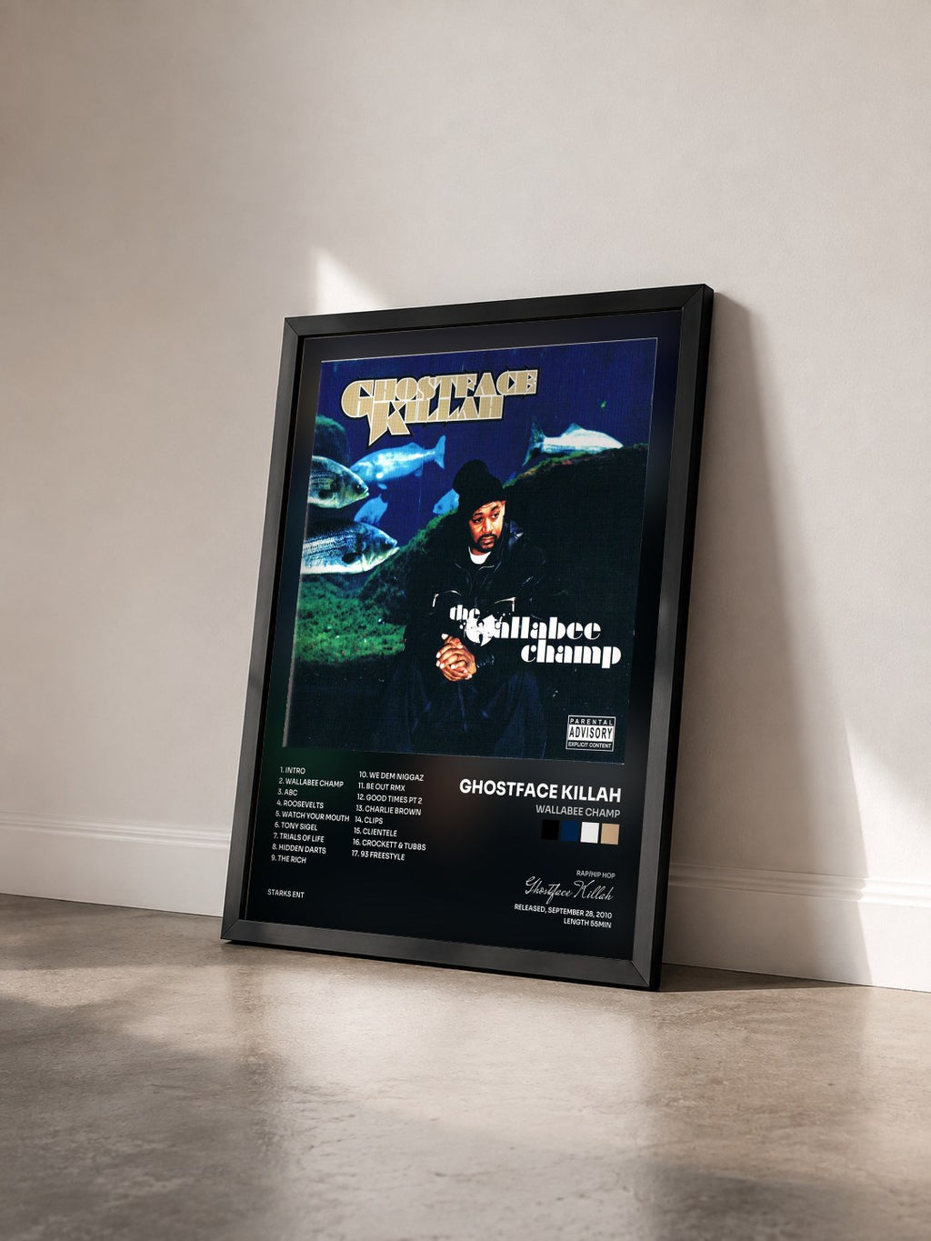 #noir Tableau de l'album Wallabee Champ de Ghostface Killah vu de trois quarts, cadre noir