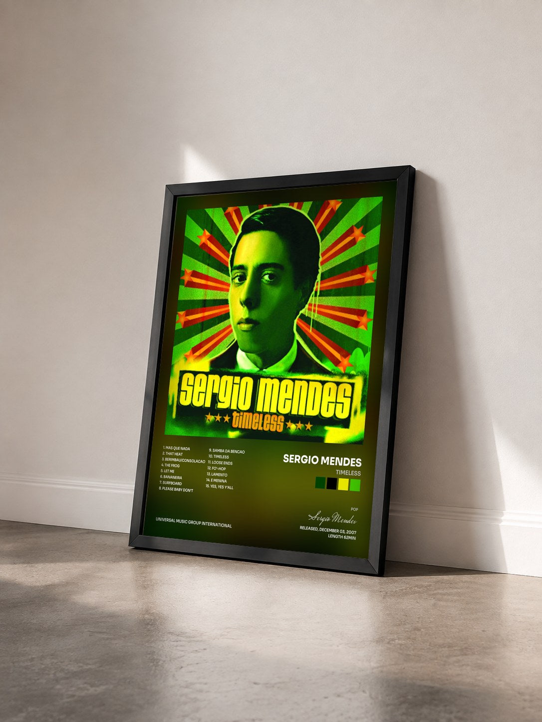 #noir Tableau de l'album Timeless de Sergio Mendes vu de trois quarts, cadre noir